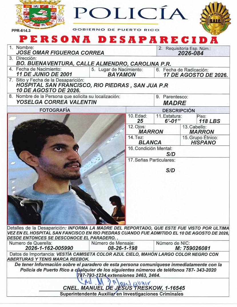 José Omar Figueroa Correa fue visto por última vez en los predios del hospital San Francisco, en Río Piedras, tras ser admitido en esa institución.