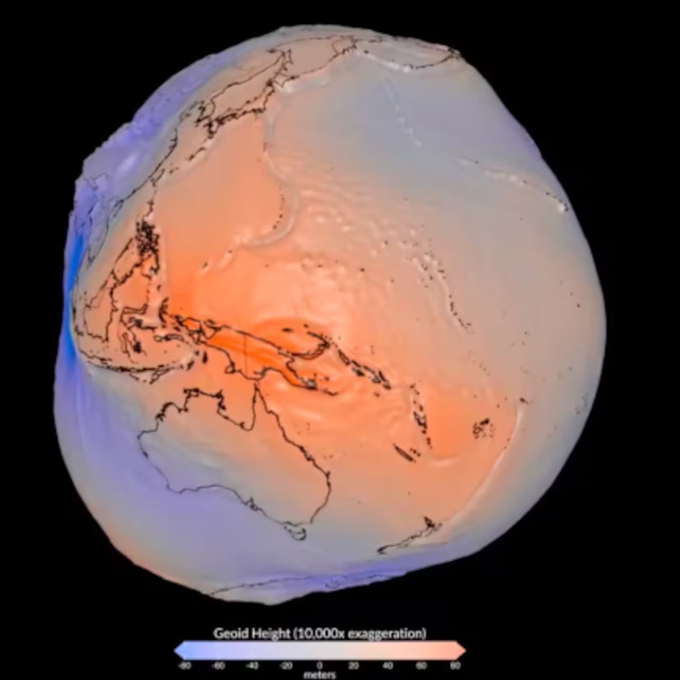 El gráfico representa el geoide, una superficie equipotencial que describe la forma que tendría el nivel medio del mar si las aguas permanecieran completamente inmóviles, sin la influencia de mareas, vientos ni corrientes marítimas.