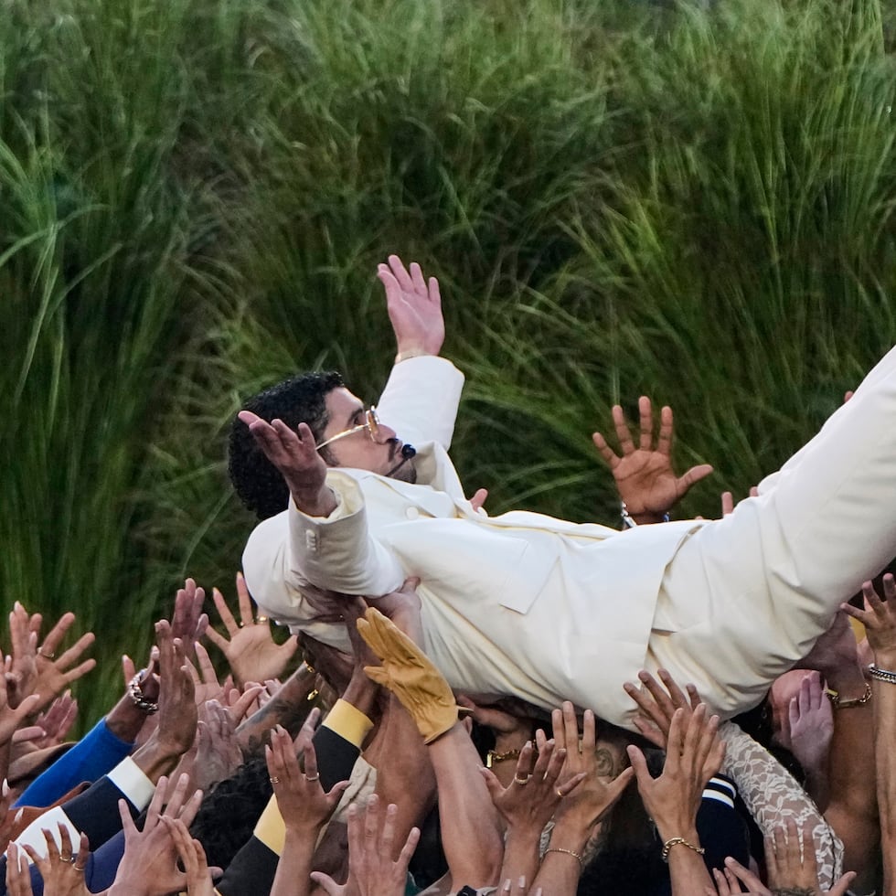 Bad Bunny performs during halftime of the NFL Super Bowl 60 football game between the New England Patriots and the Seattle Seahawks, Sunday, Feb. 8, 2026, in Santa Clara, Calif. (AP Photo/Charlie Riedel)