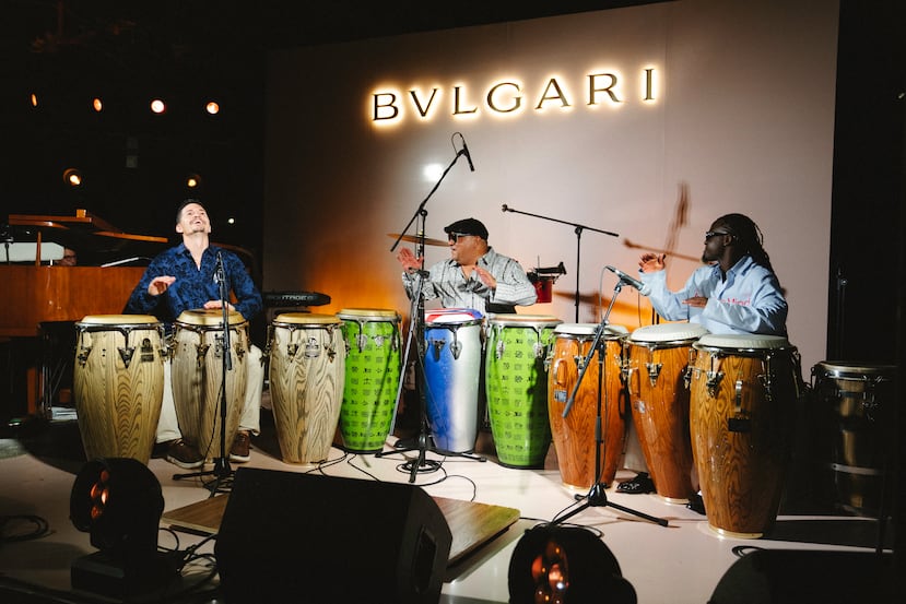 Los maestros percusionistas Richie Flores, Julito Gastón y Daniel Díaz.