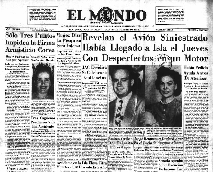Cobertura del periodico El Mundo sobre la Tragedia de Viernes Santo de 1952, cuando 54 personas murieron al caer al mar, algunas millas frente a El Morro, un avión de Pan-Am que se dirigía a Nueva York.