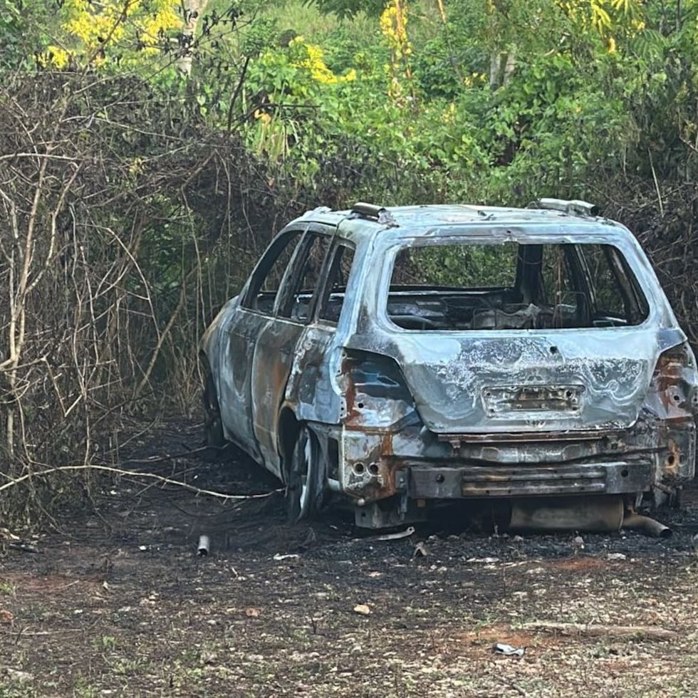 En el interior de este auto, la Policía encontró los cuerpos calcinados de dos personas, en Arecibo.