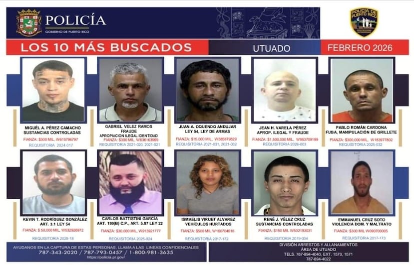 Afiche de la Policía de Puerto Rico sobre los 10 más buscados en la región de Utuado.