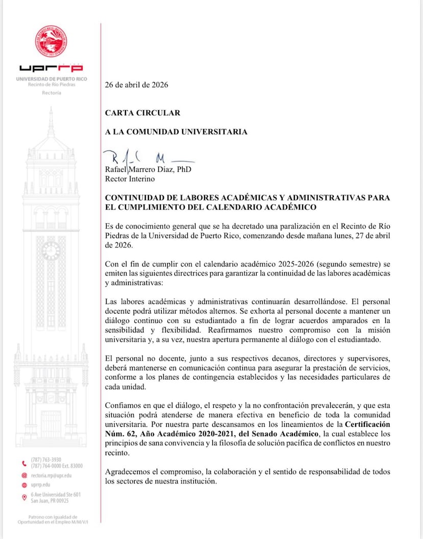 La carta fue firmada por el rector interino Rafael Marrero Díaz.