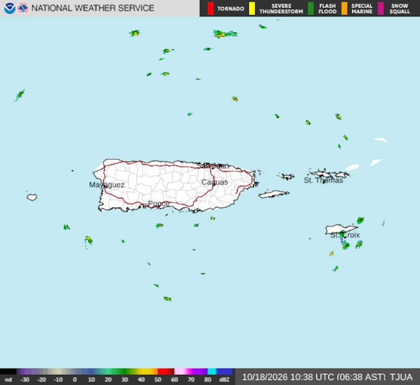 Captura del radar del Servicio Nacional de Meteorología en la mañana del domingo, 18 de octubre de 2026.