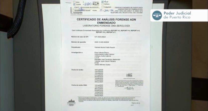 Parte de uno de los "Certificados de análisis forense de ADN enmendado" presentados en el undécimo día de juicio contra Elvia Cabrera Rivera.