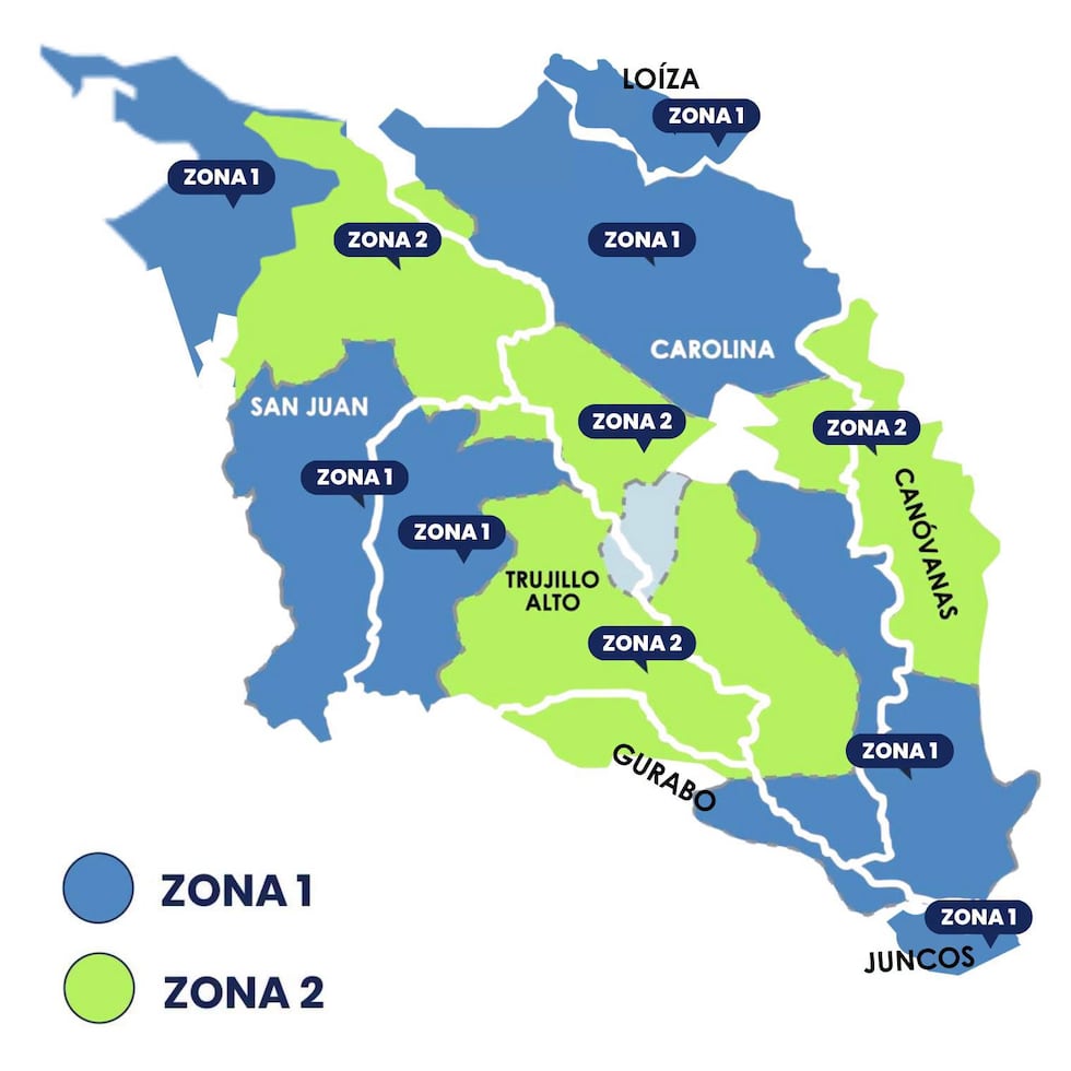 Mapa de la Zona 1 y Zona 2, en las que fueron distribuidas algunas comunidades de siete municipios que se verán afectados por el racionamiento debido a la sequía que afecta la represa Carrízo.