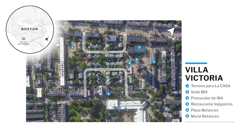 Este mapa de Villa Victoria muestra la ubicación de algunos de sus espacios más importantes, incluyendo el terreno donde Inquilinos Boricuas en Acción construirá La CASA, su nuevo centro de artes.