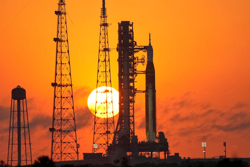 NASA's Space Launch System rocket with the Orion spacecraft set for the Artemis 2 mission is seen on Launch Complex 39B at sunrise at the Kennedy Space Center, Tuesday, March 24, 2026, in Cape Canaveral, Fla. (AP Photo/John Raoux)