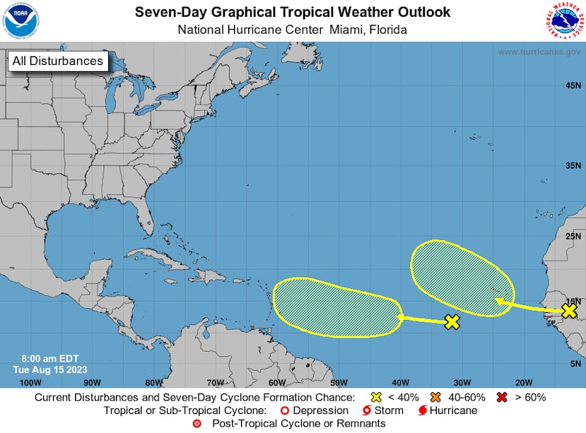 Este mapa marca las zonas de posible desarrollo de dos ondas tropicales. Este mapa no representa una trayectoria oficial y corresponde al análisis de las 8:00 a.m. el 15 de agosto de 2023.