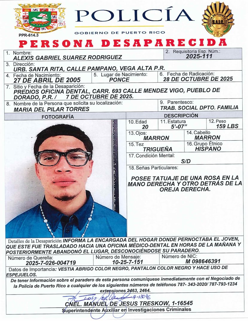 Alexis Gabriel Suárez Rodríguez, residente en la urbanización Santa Rita de Vega Alta, fue visto por última vez en los predios de una oficina dental ubicada en la carretera PR-693