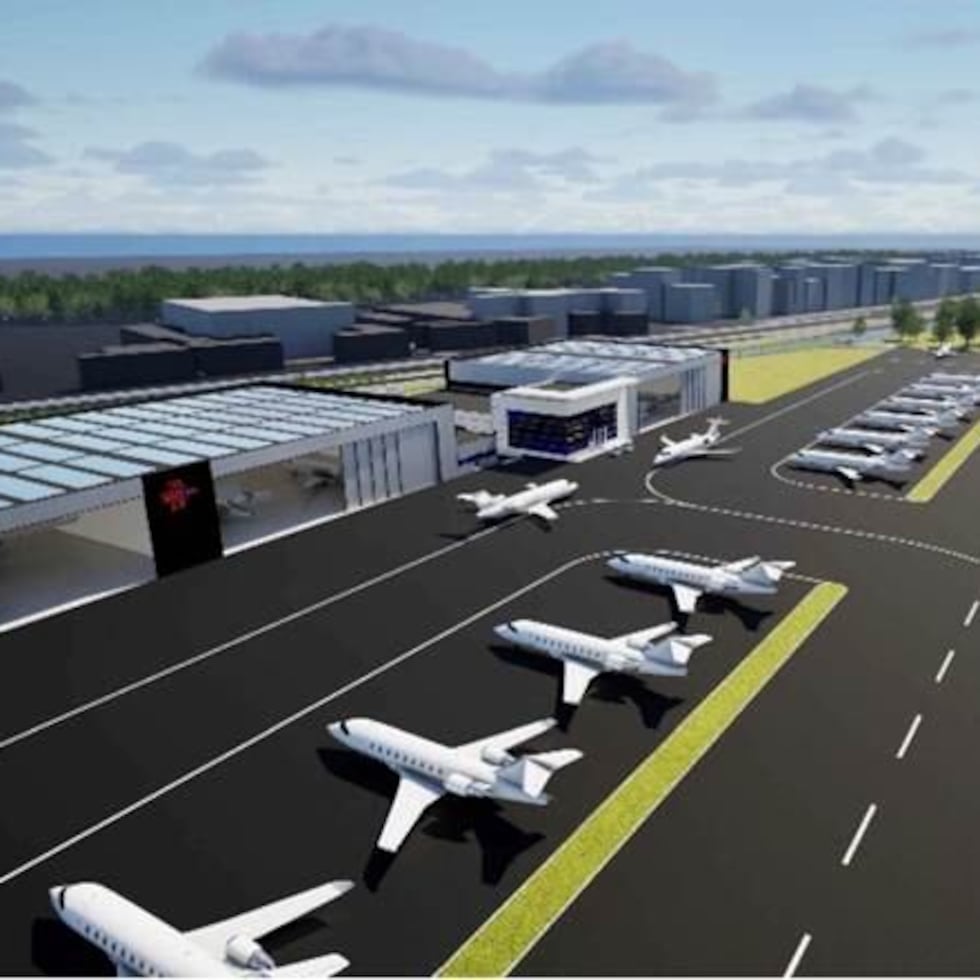 An illustration of the new hangars and fuel facility that BlueSky San Juan will build at Luis Muñoz Marín International Airport to expand private and executive aviation services at the island’s main airport.
