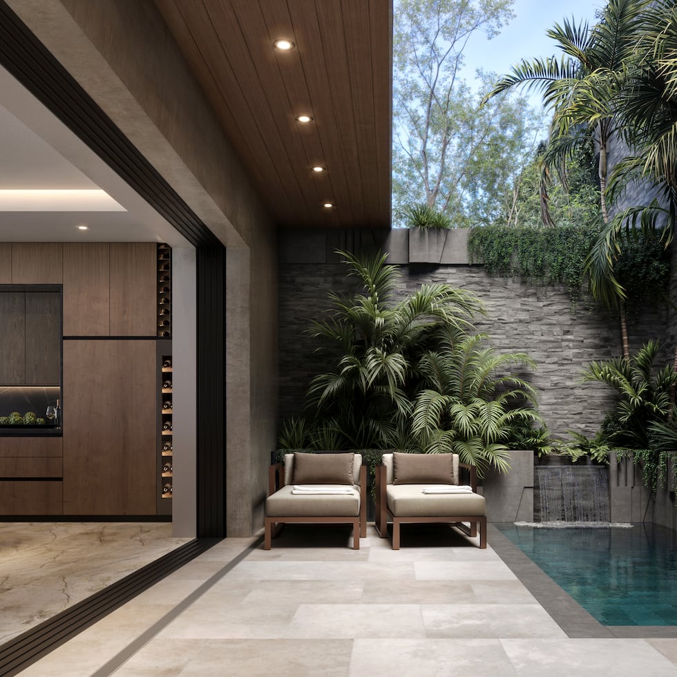 Visualización artística de cómo lucirá el área de piscina privada y terraza para cada residencia de Ocean Five.