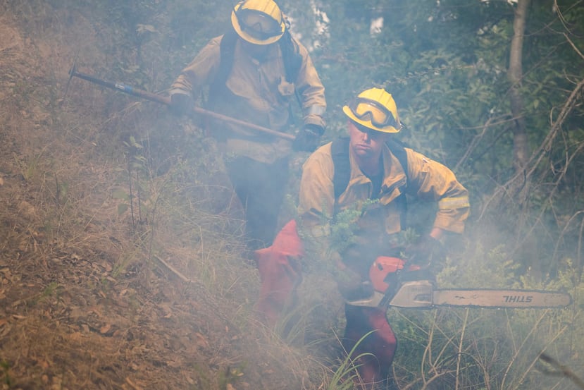 Un bombero corta maleza para detener el incendio forestal que se propaga por encima de Deetjen's Inn en Big Sur, California, el martes 11 de agosto de 2026. (Foto AP/Nic Coury)
