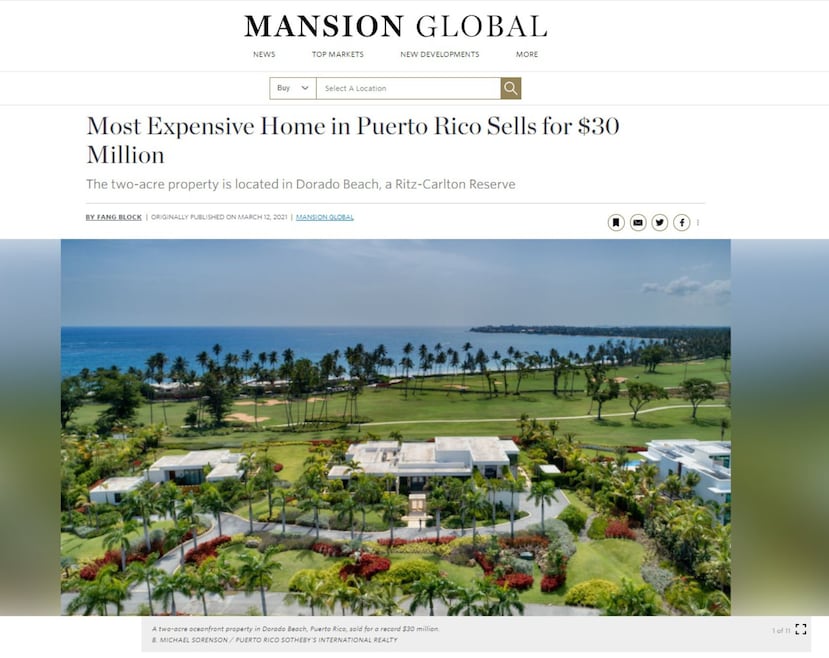 En el 2021, la venta de una residencia en Dorado por $30 millones fue destacada por el portal Mansion Global y múltiples publicaciones de bienes raíces a nivel internacional.