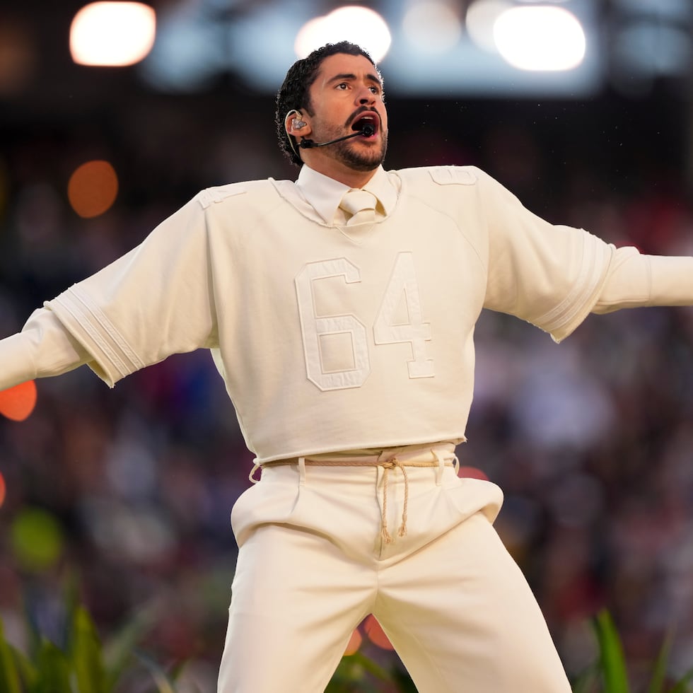 Bad Bunny performs during halftime of the NFL Super Bowl 60 football game between the New England Patriots and the Seattle Seahawks, Sunday, Feb. 8, 2026, in Santa Clara, Calif. (AP Photo/Brynn Anderson)