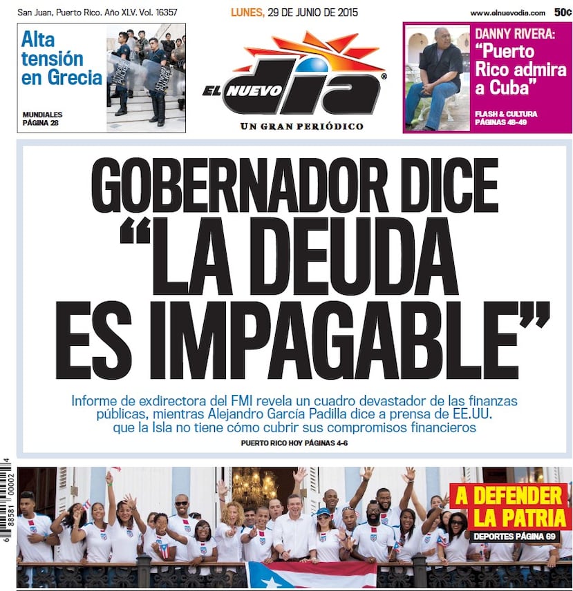 Portada de El Nuevo Día 29 de junio de 2015