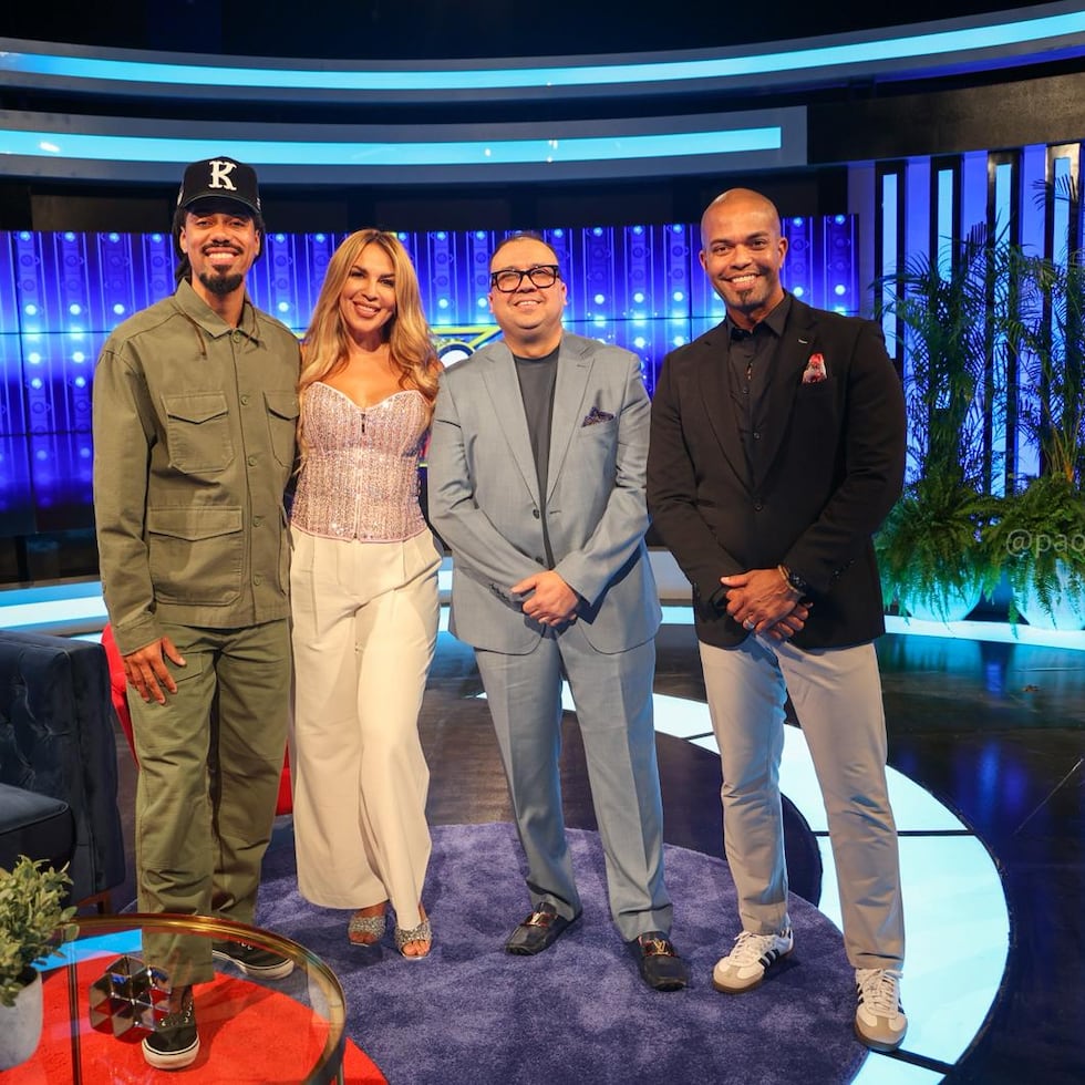 "Boricuas con talento" es la nueva apuesta de entretenimiento de TeleOnce. En la foto, Keropi Sánchez, Yaire y José “Pompi” Vallejo, quienes serán los jueces, junto al presentador José "El Negro" Figueroa.