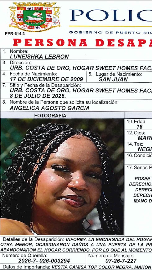 Luneishka Lebrón, 16 años. Vista por última vez el 8 de julio en Dorado.
