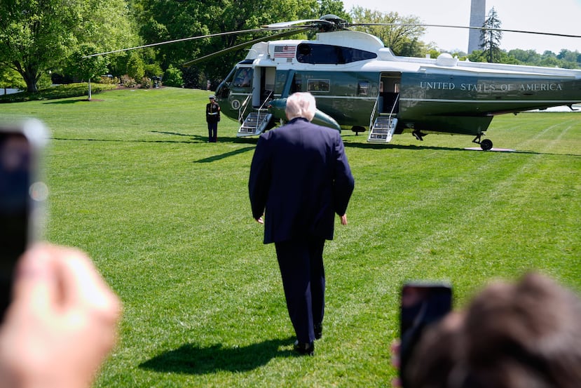 President Donald Trump walks on the South Lawn to board Marine One as he departs the White House, Thursday, April 16, 2026, in Washington. (AP Photo/Manuel Balce Ceneta)