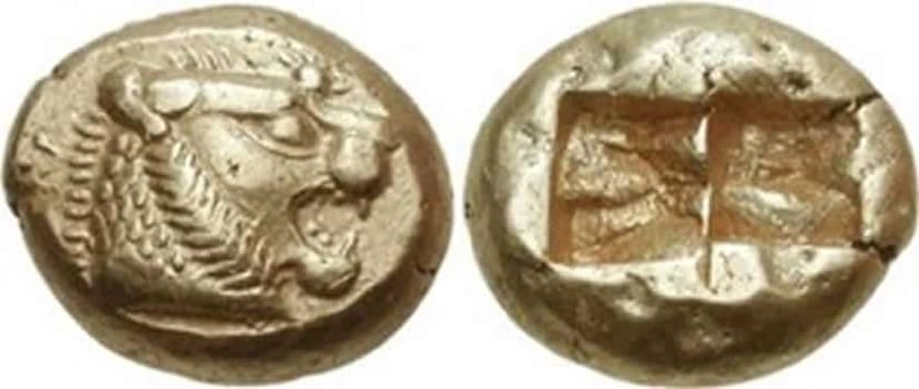 Las primeras monedas estaban hechas de electrum -una aleación natural de oro y plata-, tenían forma irregular y llevaban la cabeza de un león.