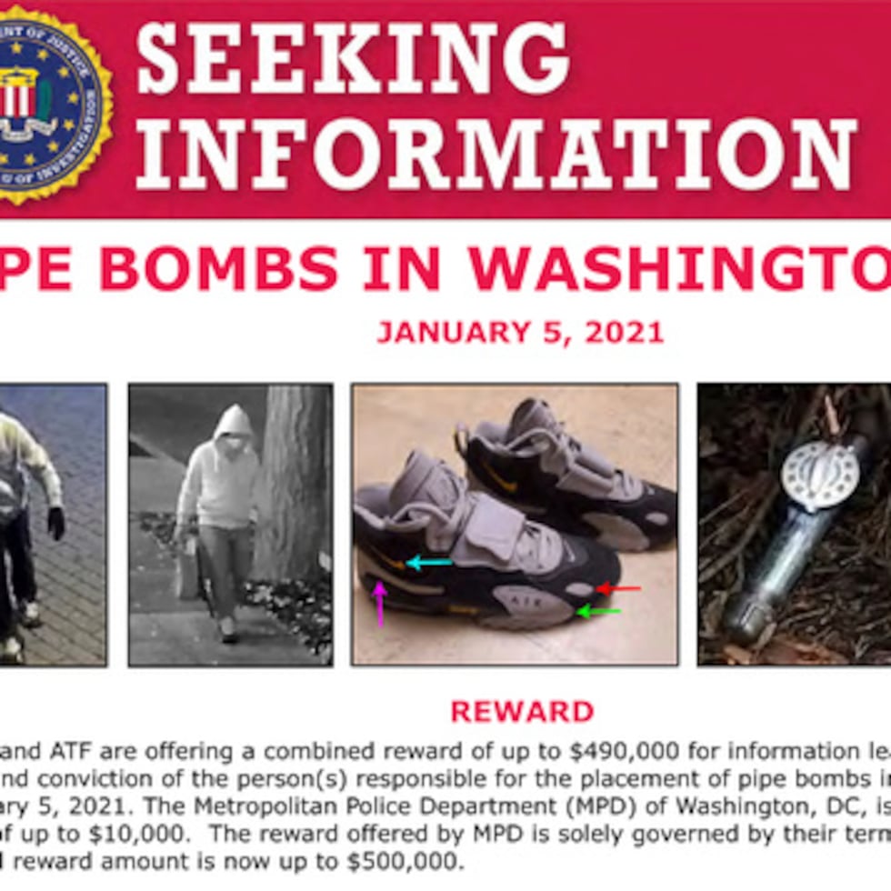 Esta imagen muestra parte de un aviso de "búsqueda de información" publicado por la Oficina Federal de Investigación en relación con las bombas de tubo colocadas frente a las oficinas de los comités nacionales demócrata y republicano en Washington el 5 de enero de 2021, en vísperas del ataque al Capitolio. (FBI vía AP, Archivo)
