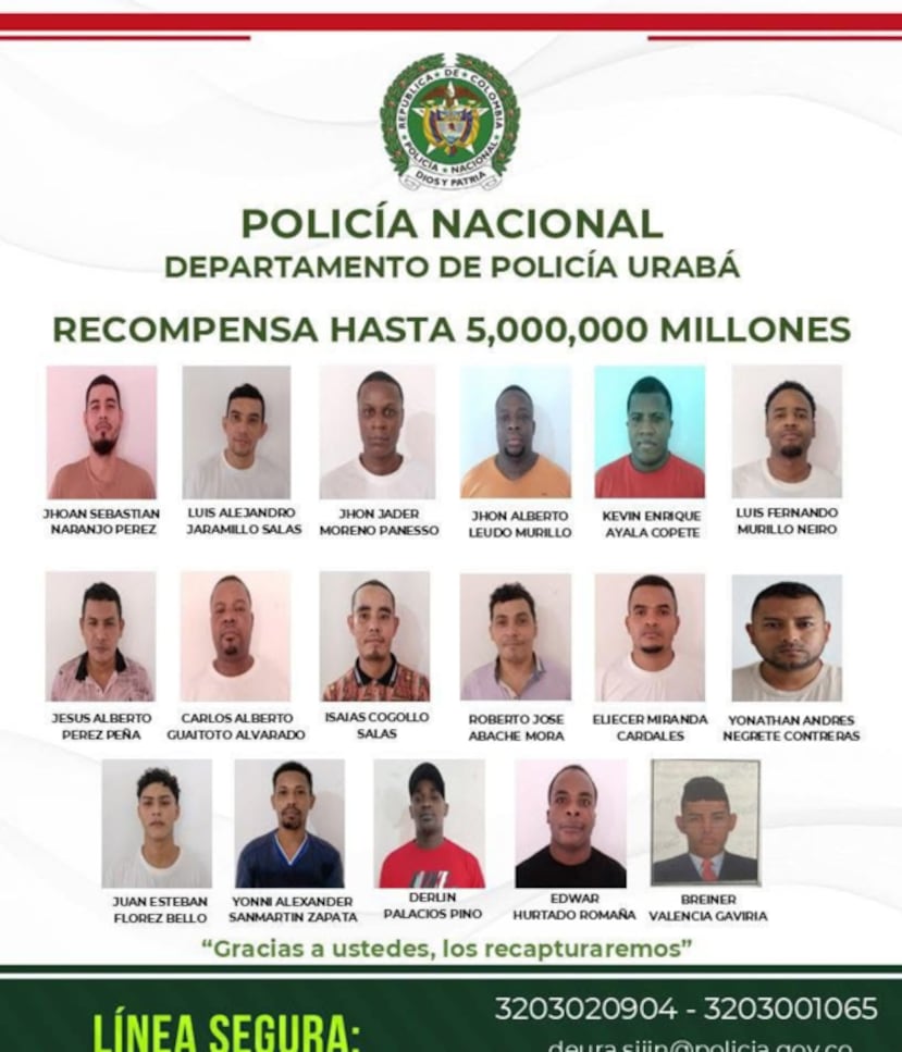 Un grupo de 18 presos que estaban detenidos en la comisaría policial del municipio colombiano de Apartadó, en Colombia, se fugó tras romper una pared de ese centro de reclusión.