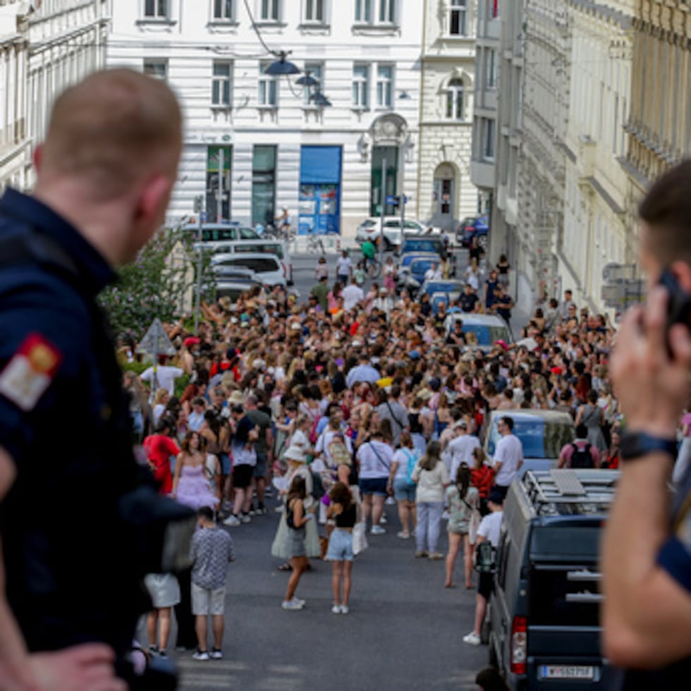 ARCHIVO - Agentes de policía austriacos observan a unos vencejos que se reúnen en el centro de Viena el 8 de agosto de 2024. (AP Photo/Heinz-Peter Bader, archivo)