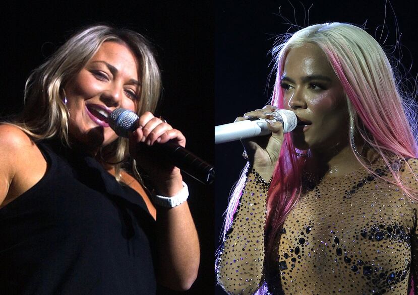 Amaia Montero, a la izquierda, fue una de las invitadas sorpresa del segundo concierto de la colombiana Karol G, a la derecha, en el Estadio Santiago Bernabéu, en Madrid.