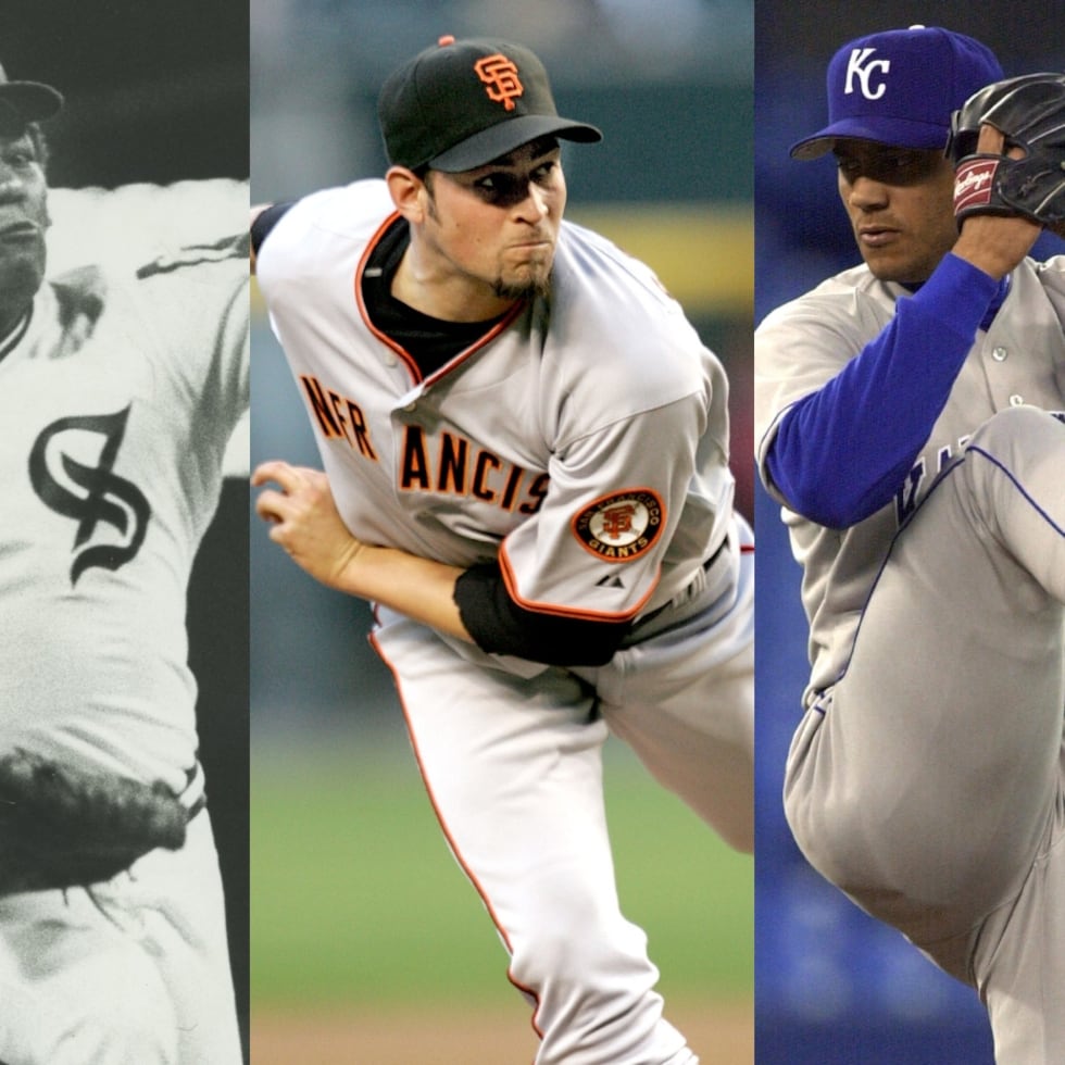 De izquierda a derecha, Juan "Terín" Pizarro, Jonathan Sánchez y José "Cheo" Rosado, iniciadores zurdos puertorriqueños en las Grandes Ligas.