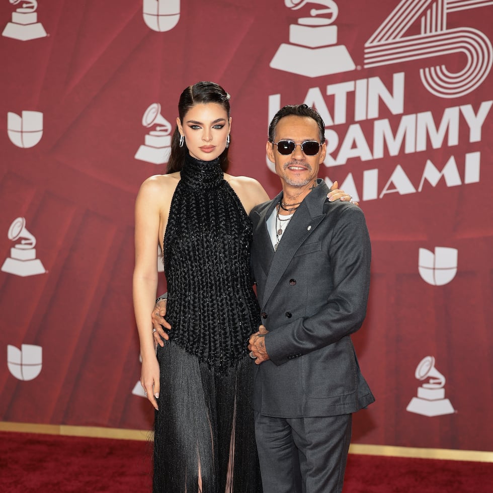 MIAMI, FLORIDA - NOVEMBER 14: (L-R) Nadia Ferreira and Marc Anthony attend the 25th Latin GRAMMY Awards at Kaseya Center on November 14, 2024 in Miami, Florida. (Photo by Dimitrios Kambouris/Getty Images for The Latin Recording Academy)