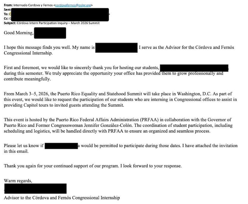 Mensaje que recibió la oficina del comisionado residente en Washington, Pablo José Hernández, en busca de ayuda para ofrecer visitas guiadas en el Congreso para los invitados a la cumbre pro estadidad.