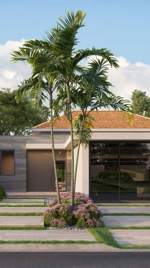 Las fachadas de Riviera Hills combinan líneas modernas con los requerimientos estéticos de Palmas del Mar, como los techos con tejas.