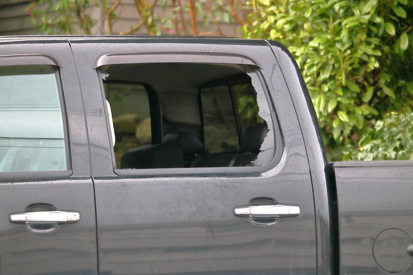 Broken glass in a pick-up truck.