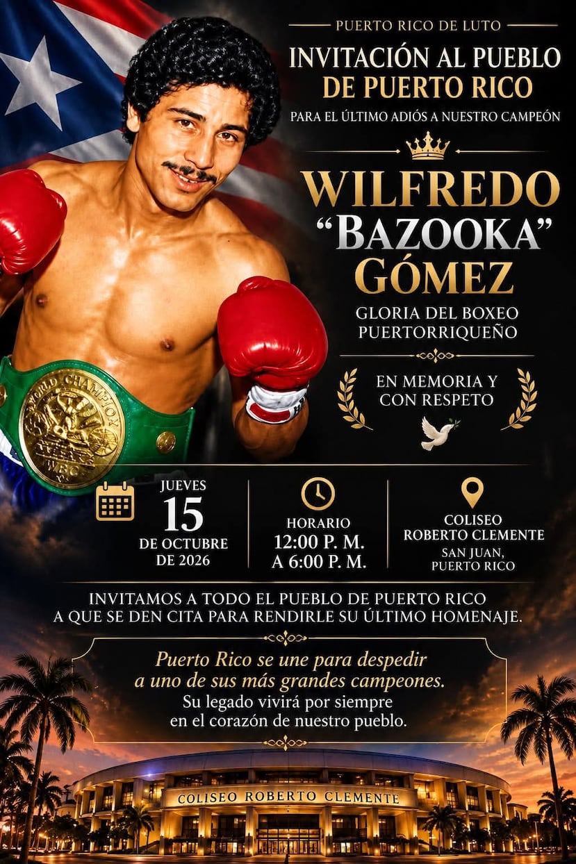 Puerto Rico tendrá la oportunidad de darle el último adiós a Wilfredo “Bazooka” Gómez este jueves, 15 de octubre, en el Coliseo Roberto Clemente, de 12:00 del mediodía a 6:00 de la tarde. El velatorio estará abierto al público.