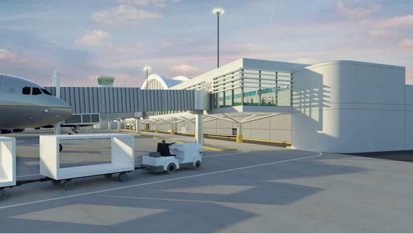 En el aeropuerto Rafael Hernández de Aguadilla se instalarán de tres puentes de abordaje, como el que se aprecia en esta representación de cómo quedará el proyecto.