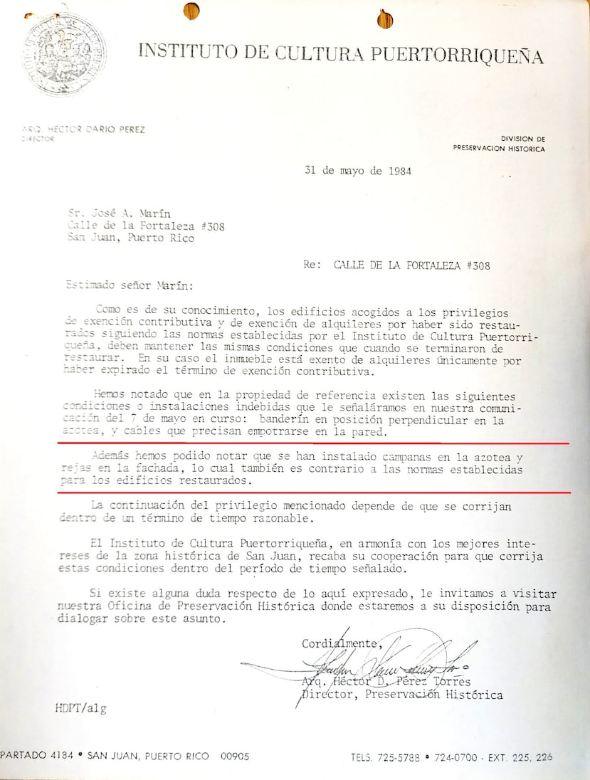 Communication written by the then director of the Historic Built Heritage Program of the Institute of Puerto Rican Culture, Héctor Darío Pérez, pointing out to the owner of the structure at 308 Fortaleza Street #308, José A. Marín, about a series of infractions, including the installation of the bells.