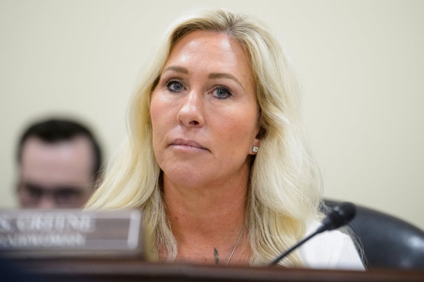 FILE - Rep. Marjorie Taylor-Greene, R-Ga., presides over a House Committee hearing on Capitol Hill, Feb. 12, 2025, in Washington. (AP Photo/Rod Lamkey, Jr., File)