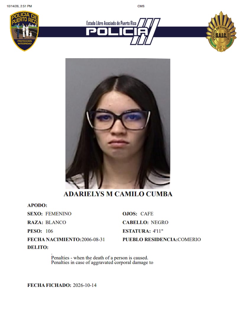 Ficha policial de Adarielys Camilo Cumba, residente de Comerío.