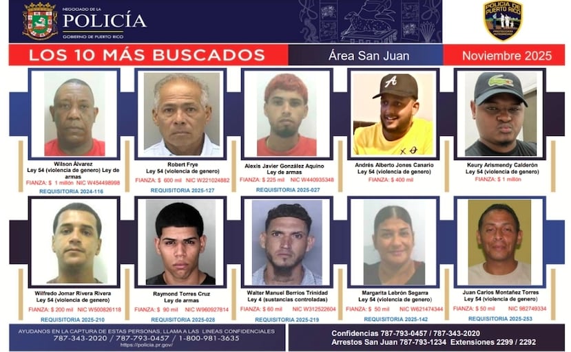 Afiche de la Policía de Puerto Rico sobre "Los 10 Más Buscados" en el área de San Juan.
