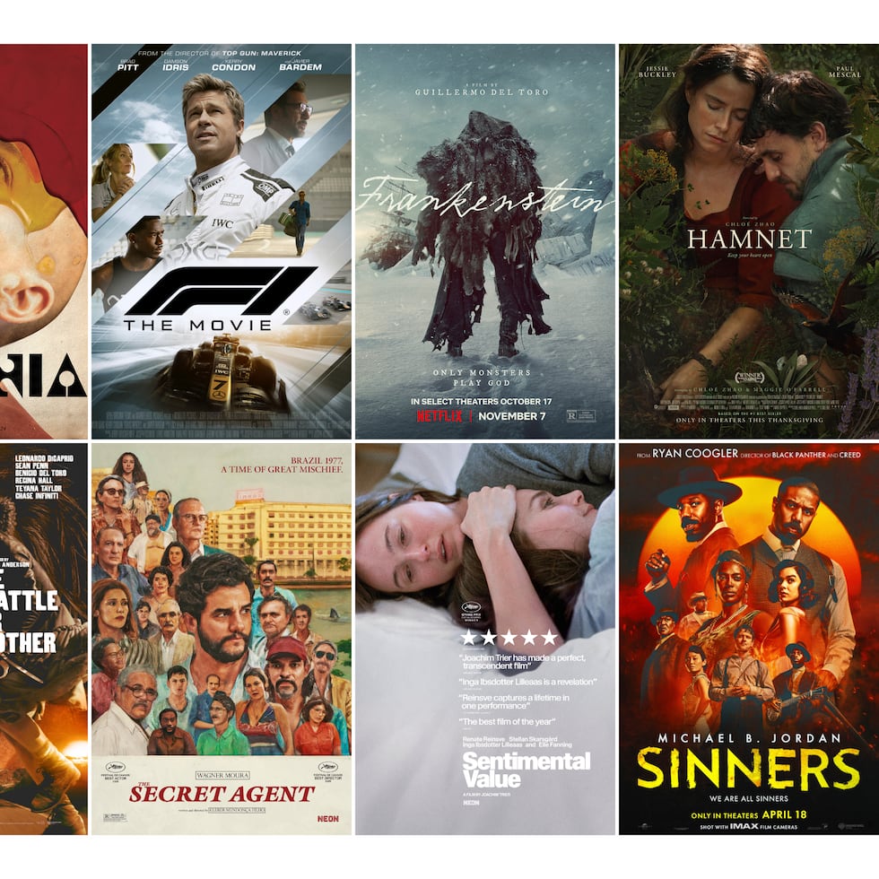 Esta combinación de imágenes muestra el arte promocional de las películas nominadas al Oscar a mejor película. Fila superior de izquierda a derecha: "Bugonia", "F1 The Movie", "Frankenstein", "Hamnet", "Marty Supreme". Fila inferior de izquierda a derecha: "One Battle After Another", "The Secret Agent", "Sentimental Value", "Sinners" y "Train Dreams".(Focus Features/Warner Bros. Pictures/Netflix/Focus Features/A24/Warner Bros. Pictures/Neon/Neon/Warner Bros. Pictures/Netflix via AP)