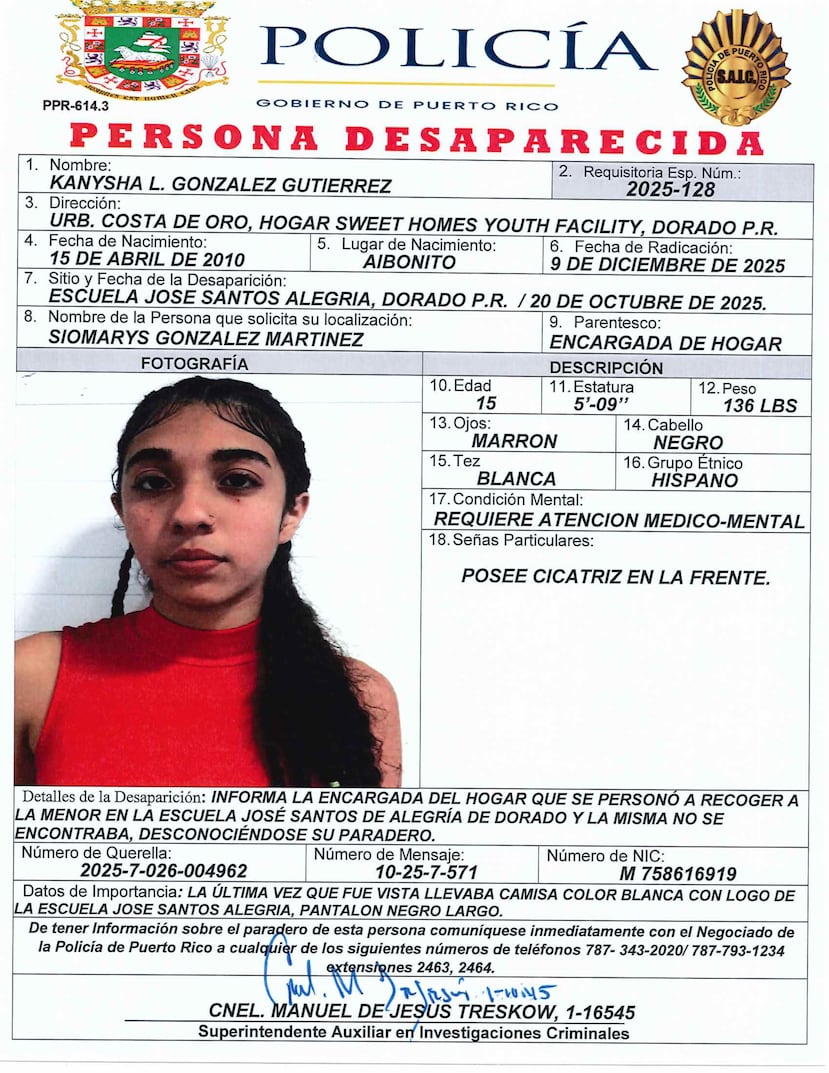 Kanysha L. González Gutiérrez, de 15 años, fue reportada desaparecida el 9 de diciembre de 2025, por Siomarys González, encargada del hogar y centro de apoyo Sweet Homes Youth Facility, en Dorado.