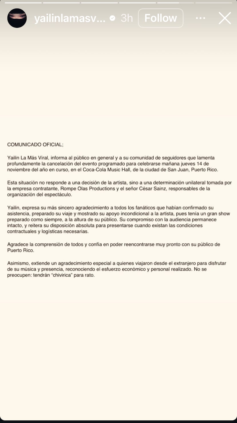 Yailin “La más viral” cancela su concierto en Puerto Rico.