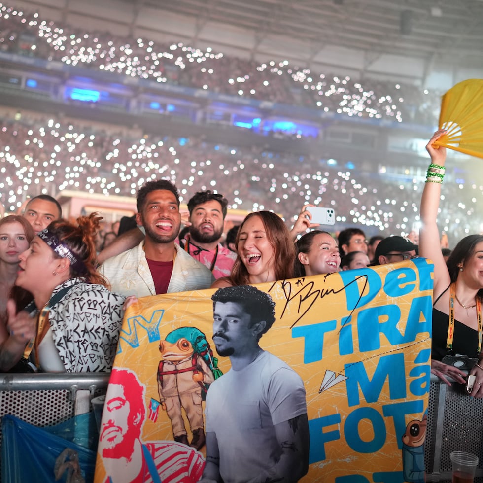 Fans cheer as Bad Bunny performs at Allianz Parque stadium in Sao Paulo, Friday, Feb. 20, 2026. (AP Photo/Andre Penner)