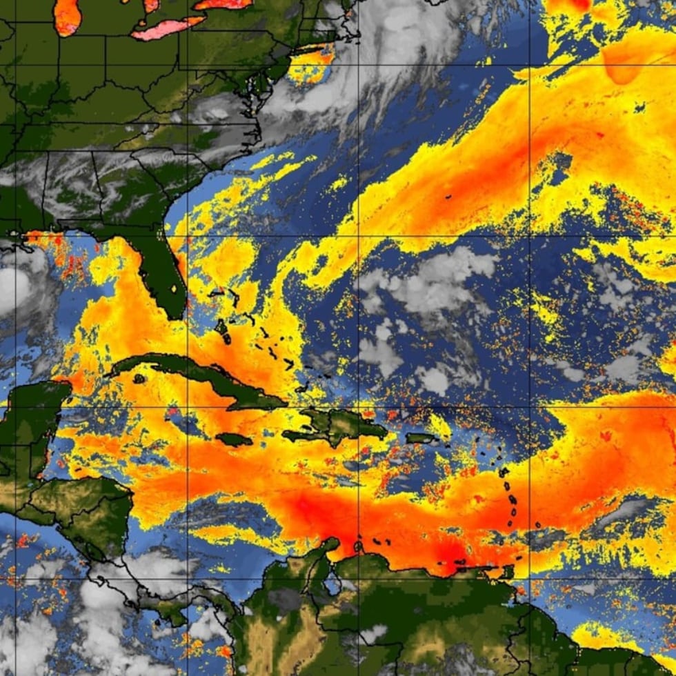Saharan dust in the Atlantic Ocean basin on July 22, 2026. Image courtesy of the Cooperative Institute for Meteorological Satellite Studies at the University of Wisconsin-Madison.