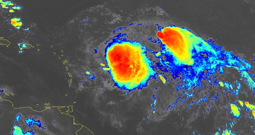 Imagen satelital que muestra las tormentas tropicales Phillipe y Rina cerca de las 11:00 de la noche del 29 de septiembre de 2023.