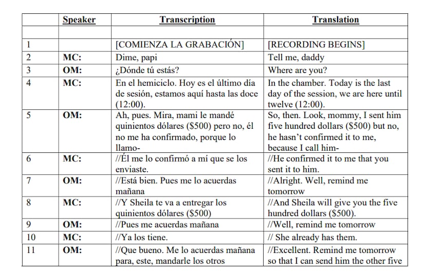 Parte de la conversación en controversia en el caso de María "Tata" Charbonier que la Fiscalía federal pide que se incluya en el expediente.