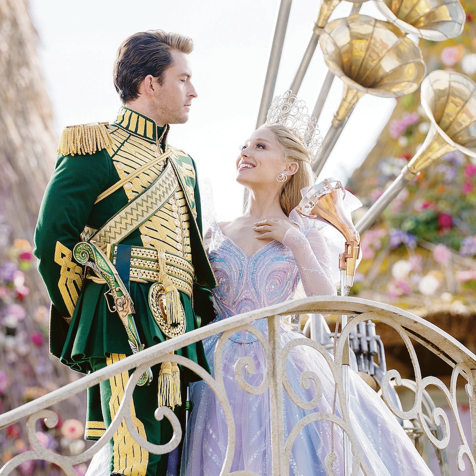 This image released by Universal Pictures shows Jonathan Bailey, left, and Ariana Grande in a scene from "Wicked for Good.." (Universal Pictures via AP)