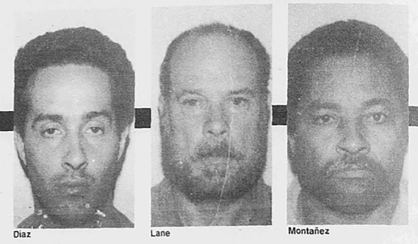 Desde la izquierda, los confinados que se escaparon de la cárcel Oso Blanco en helicóptero en 1991: Lázaro Díaz Fernández, William "Billy" Lane y Fernando Montañez Bultrón.