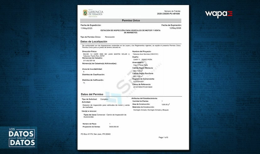 Captura del permiso único a nombre de Ciary Pérez Peña, presentado en el programa Los Datos son los Datos, de Wapa.